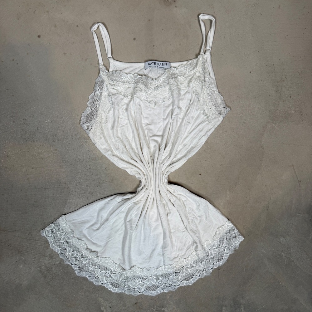 Kate Kasin Womens White Lace Trim Cami Tank Top Adjustable Straps Size M